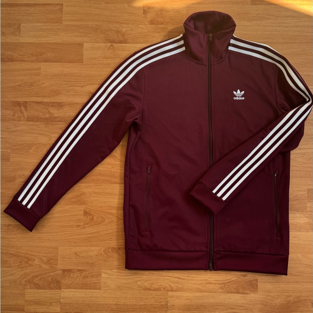 Adidas Men Burgundy two-way Zip-Up track Jacket with White Accent